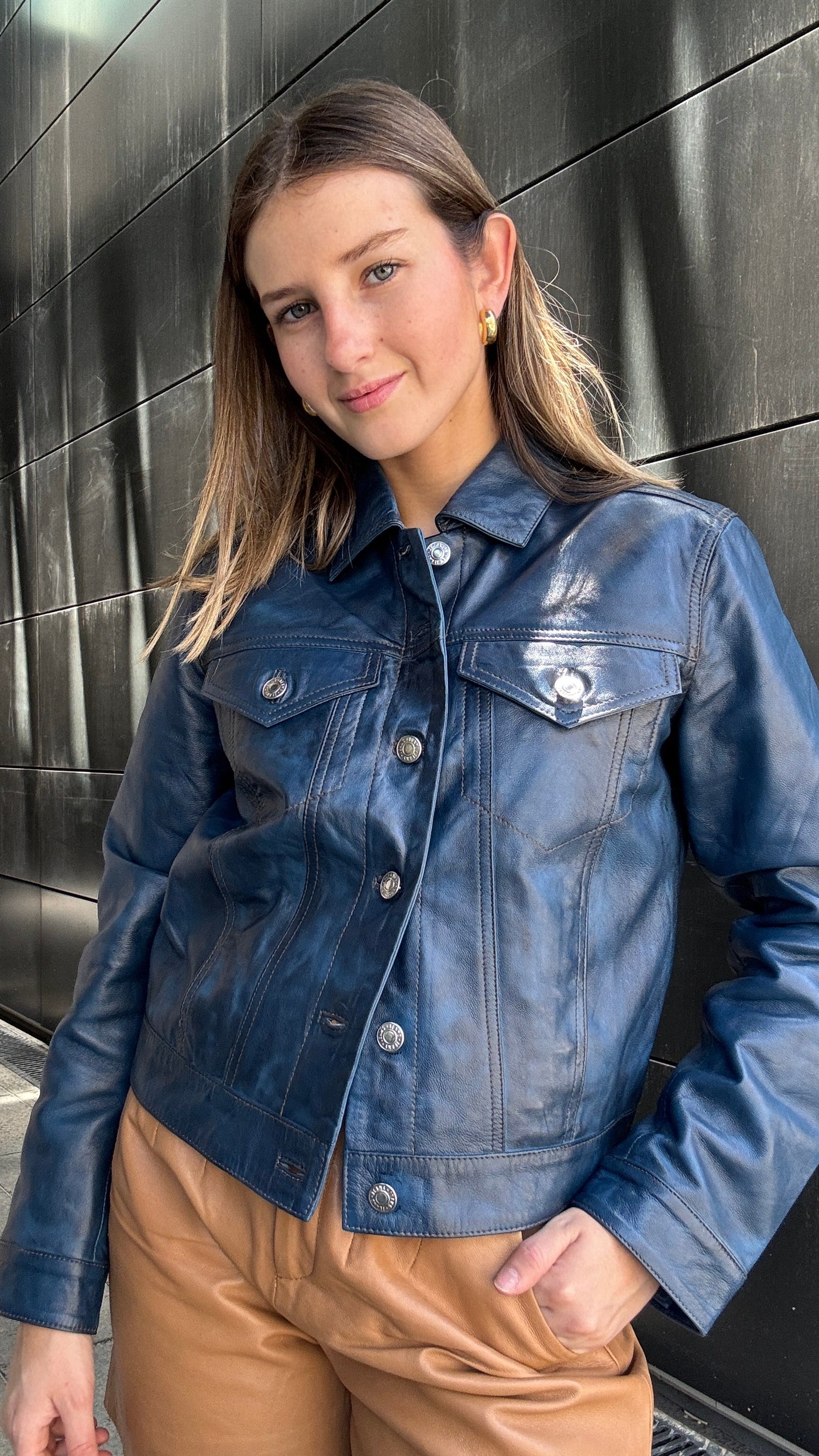 Chaqueta Cuero Ebro Azul wax