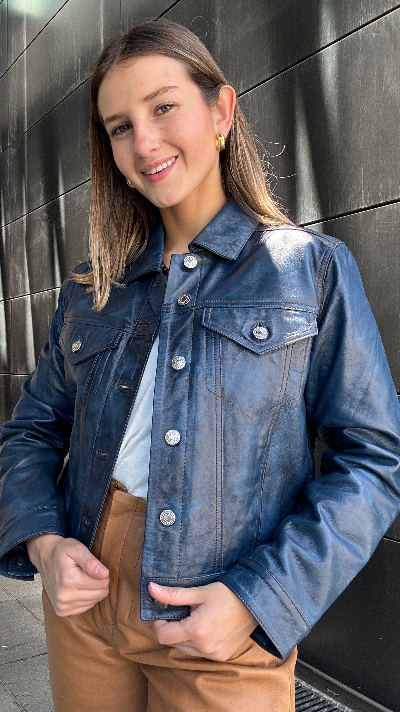 Chaqueta Cuero Ebro Azul wax