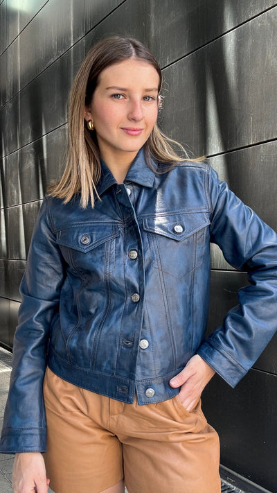 Chaqueta Cuero Ebro Azul wax