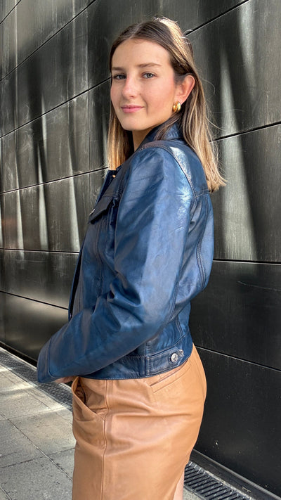 Chaqueta Cuero Ebro Azul wax