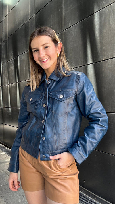 Chaqueta Cuero Ebro Azul wax