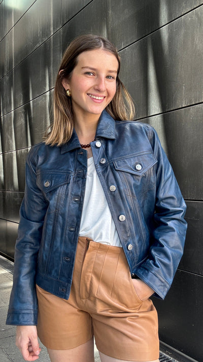 Chaqueta Cuero Ebro Azul wax