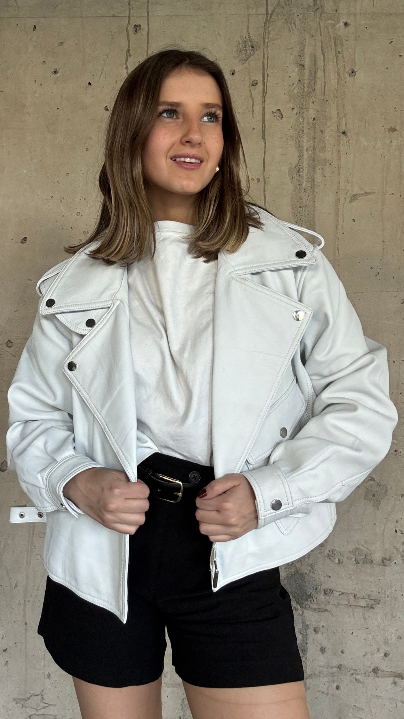 Chaqueta Cuero  Grey Blanco Oversize