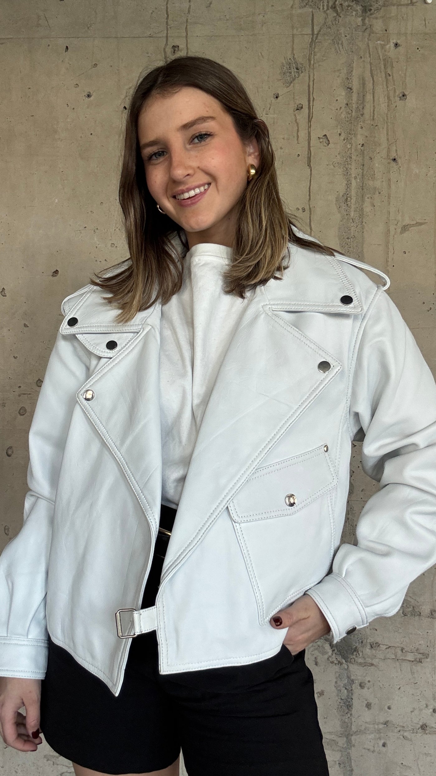 Chaqueta Cuero  Grey Blanco Oversize