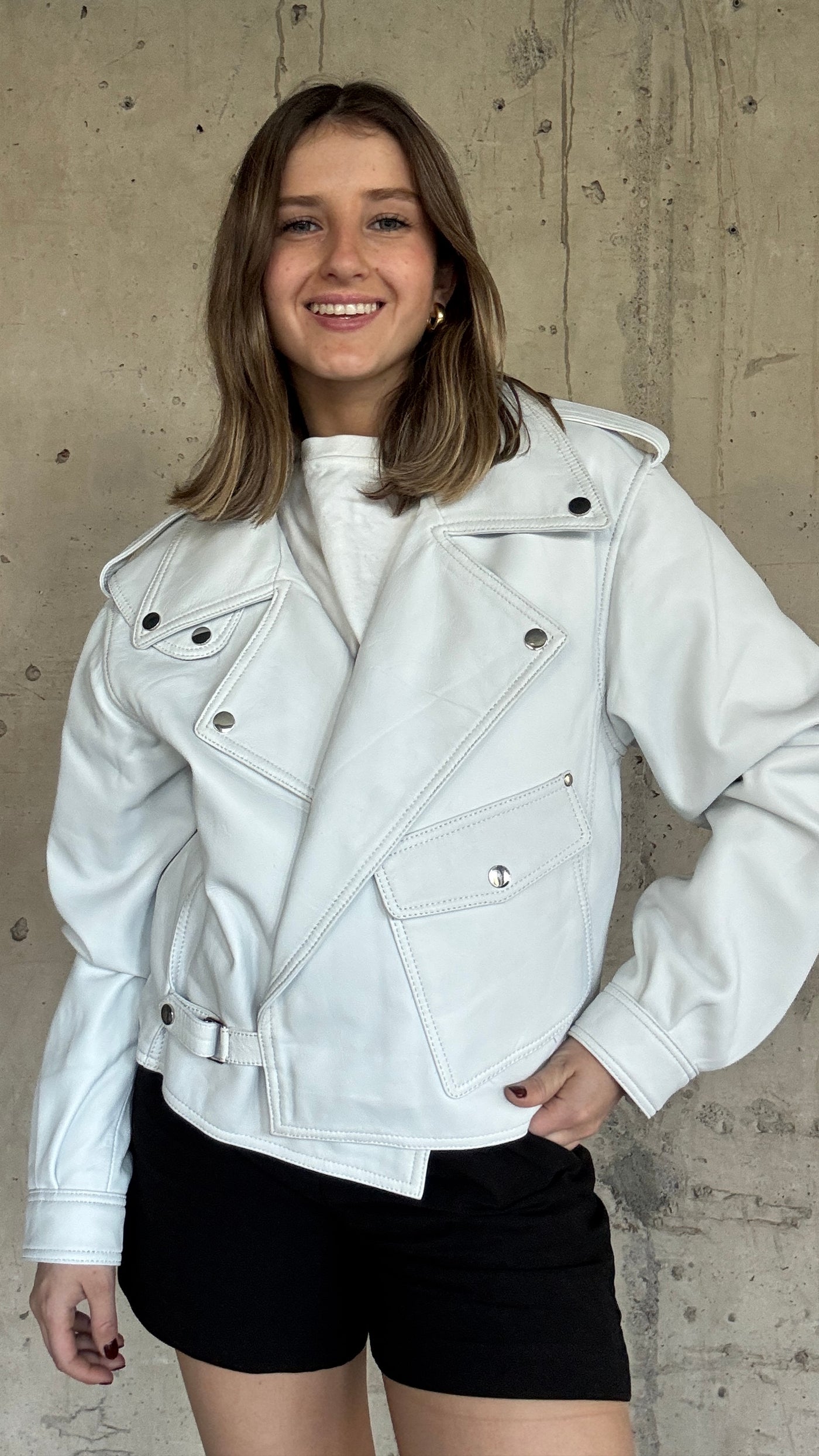 Chaqueta Cuero  Grey Blanco Oversize