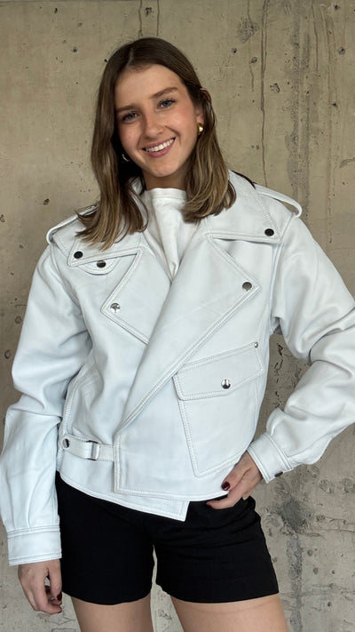 Chaqueta Cuero  Grey Blanco Oversize