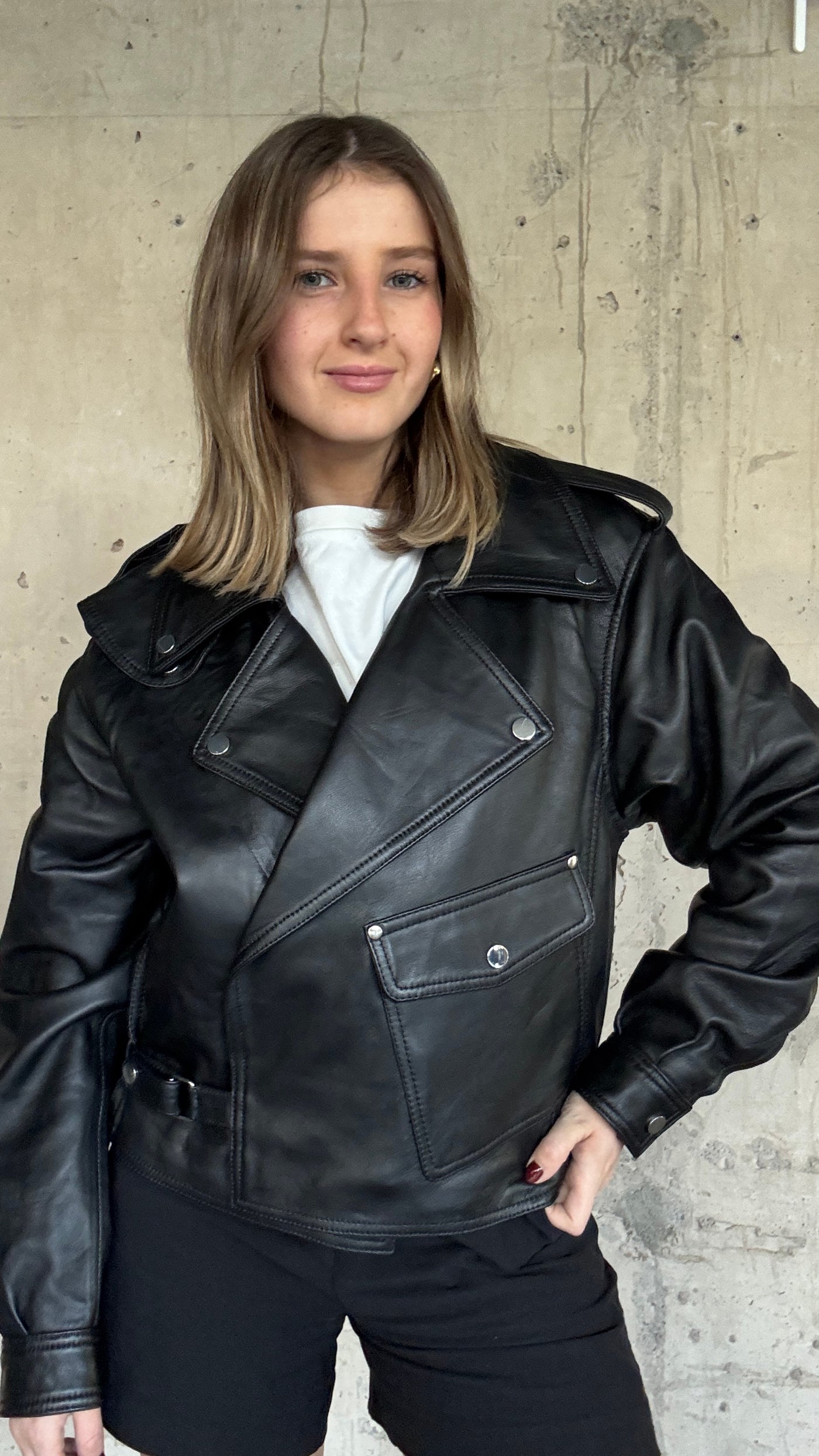 Chaqueta Cuero  Grey Negro Oversize