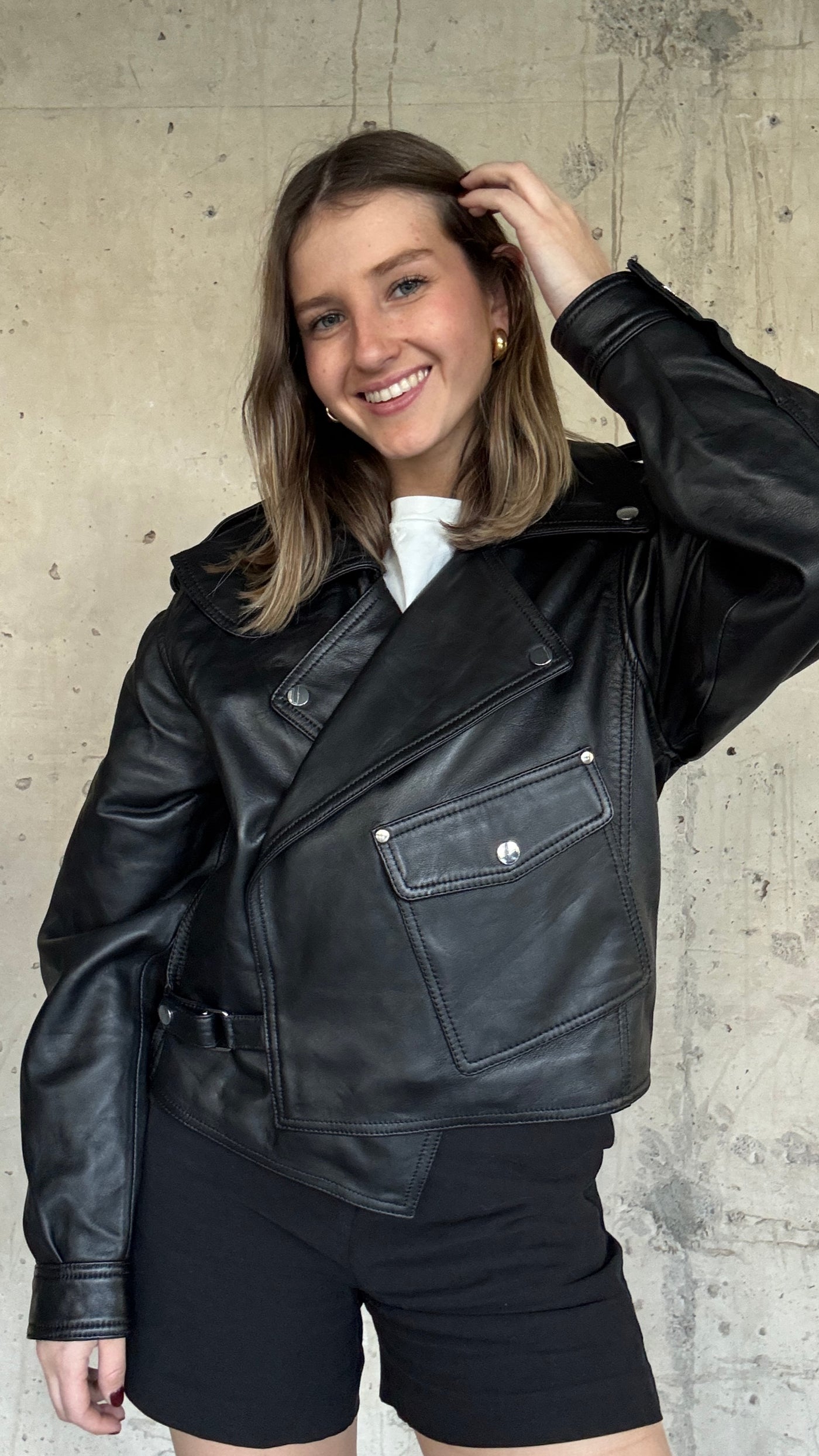 Chaqueta Cuero  Grey Negro Oversize