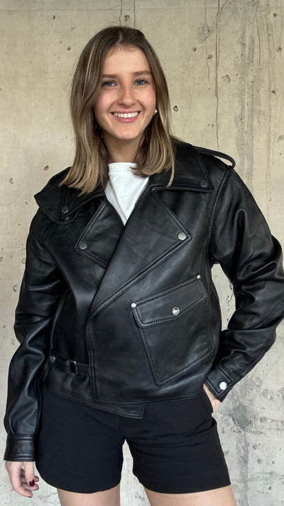 Chaqueta Cuero  Grey Negro Oversize