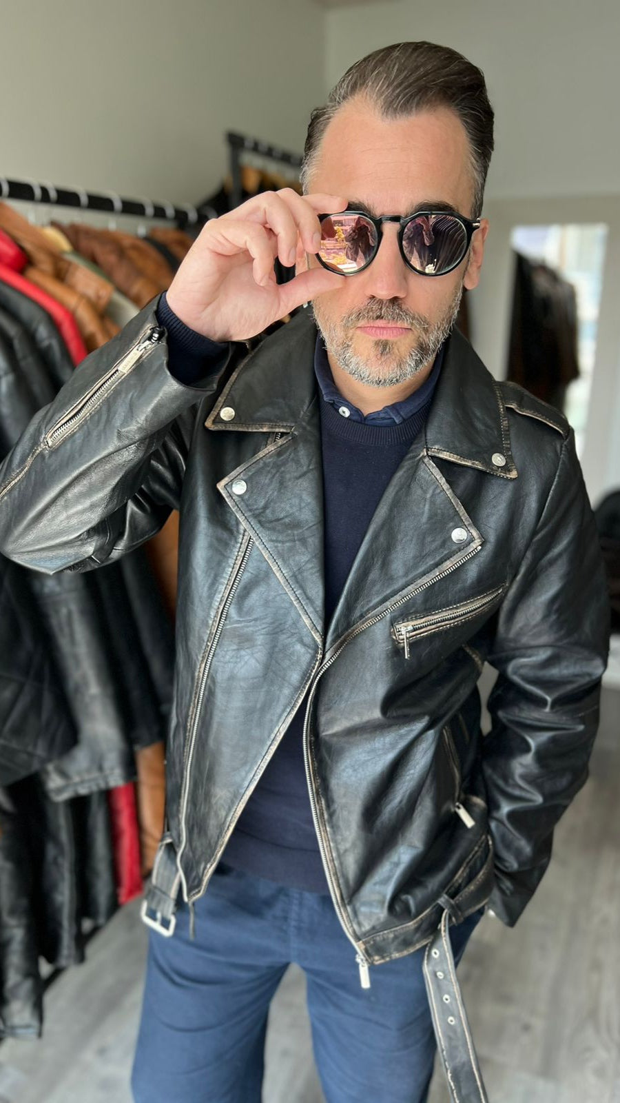 Chaqueta Cuero Hombre Barcelona Negro Desgastado – Boloma Leathers