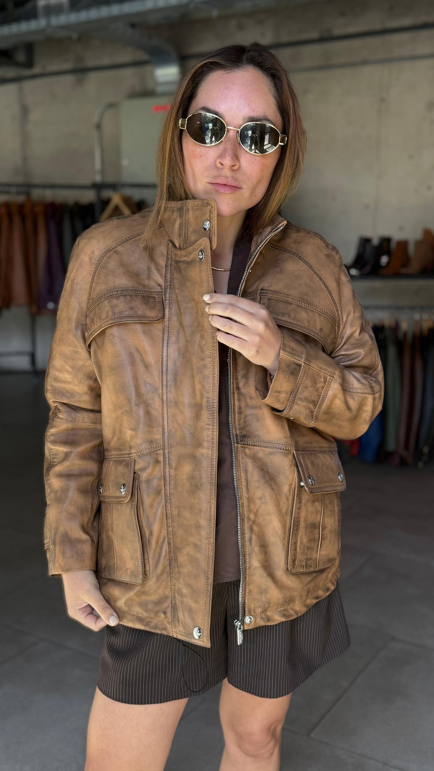 Chaqueta Cuero Manchester Camel claro/Negro Wax