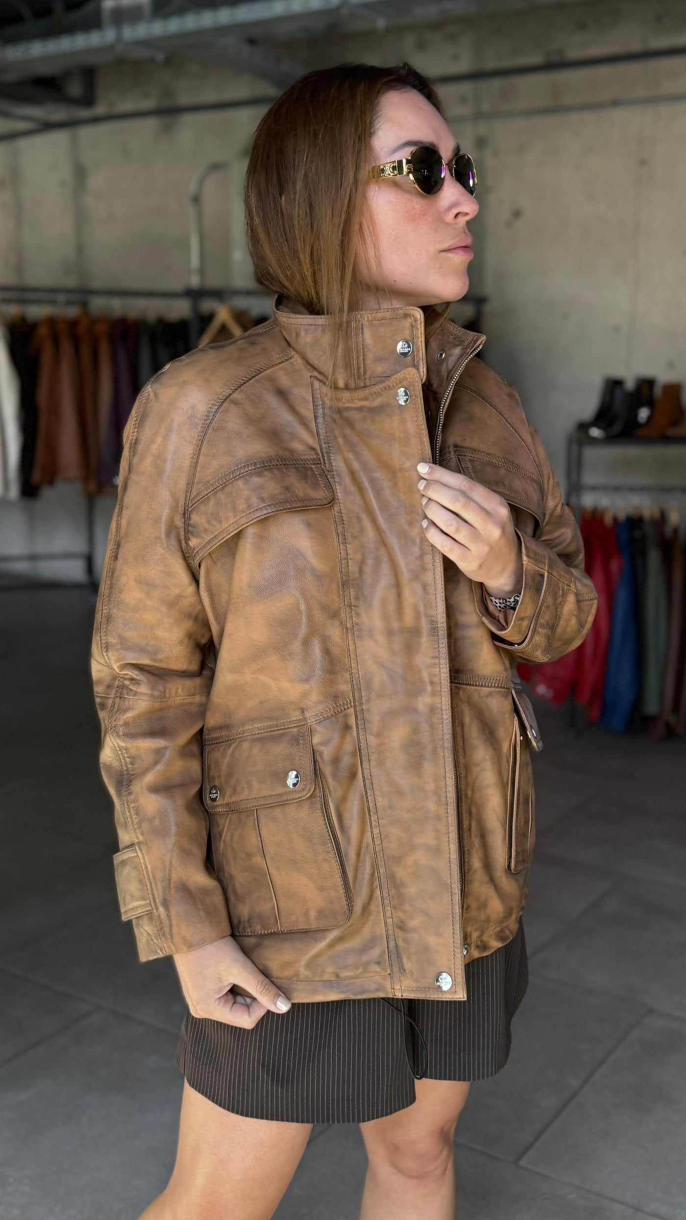 Chaqueta Cuero Manchester Camel claro/Negro Wax